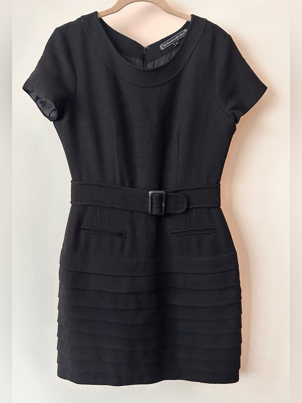What Goes Around Comes Around Classic Black Wool Belted Ruffle Dress.